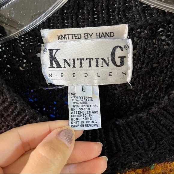 Knitting Needles Knitted By Hand Wool and Cotton Blend Crewneck Vintage Sweater - Picture 10 of 11